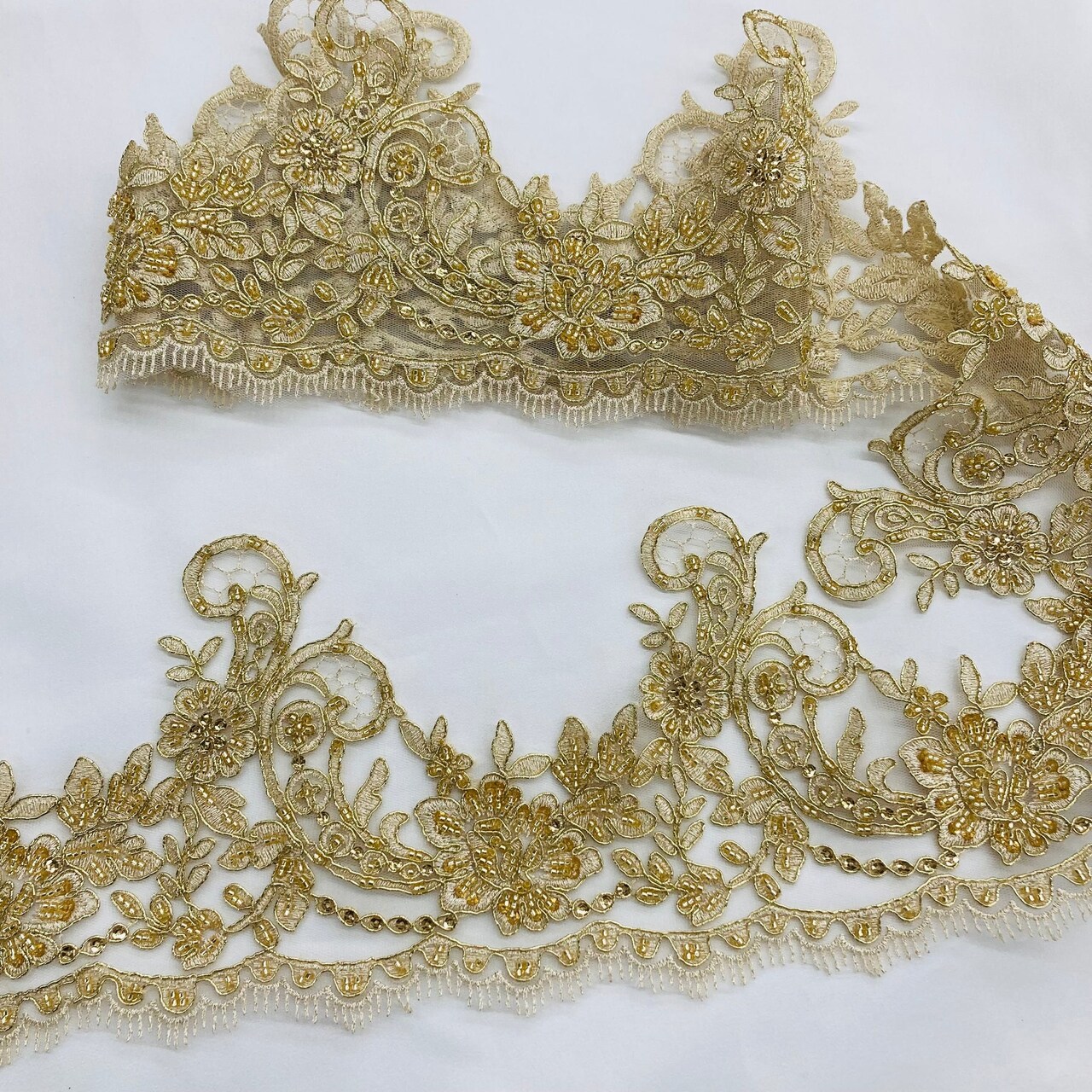 1 Yard Beaded & Corded Lace Trimming 100% Polyester Net Mesh 6" Wide